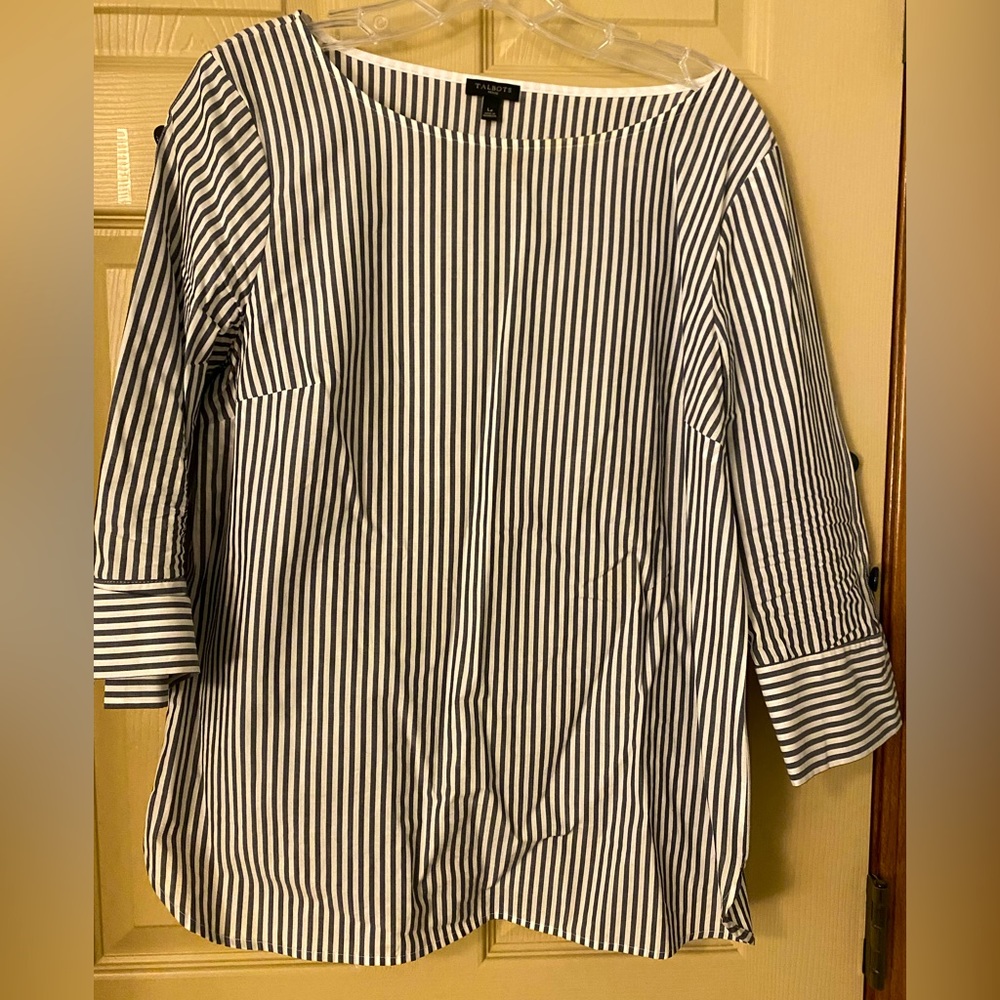 Talbots petite large gray and white stripe pop over blouse